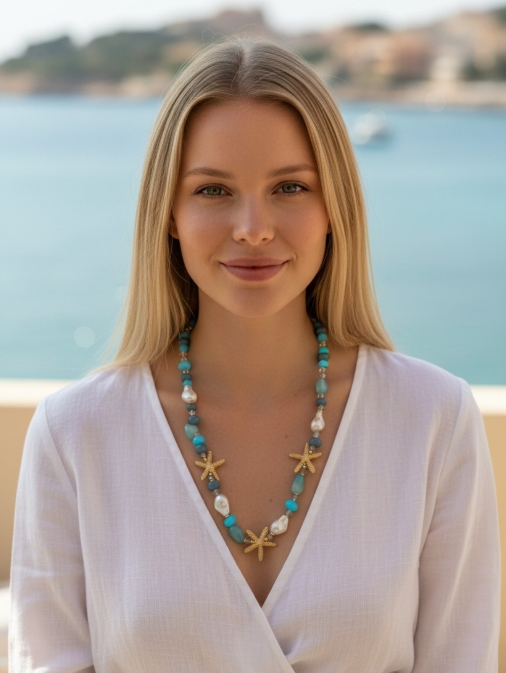 PIPER K BEAD STARFISH COASTAL THEME DESIGN BLUE TEAL WHITE 24"TO 27"NECKLACE